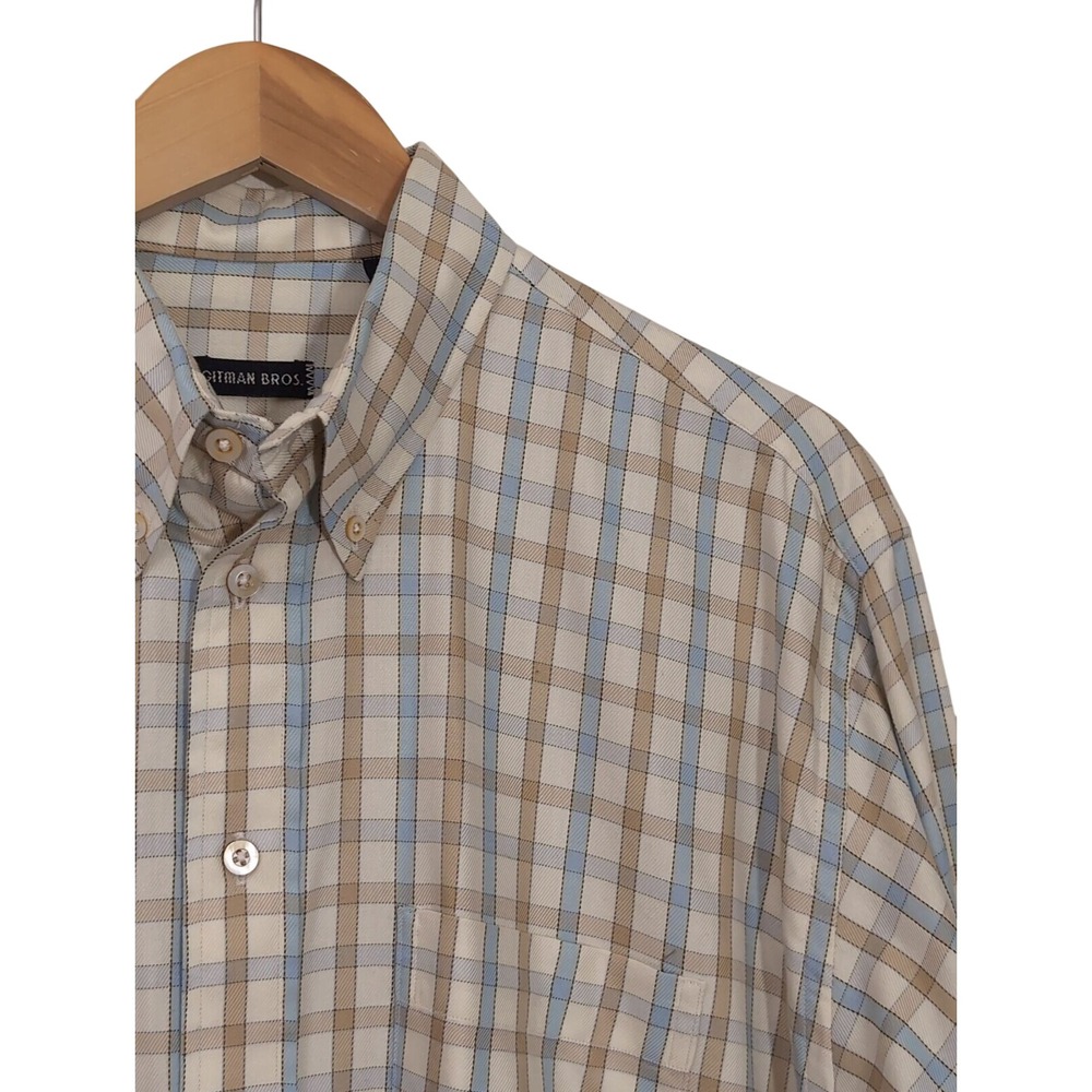 Gitman Bros Button Down Shirt Mens L Beige Blue Check‎ Business Casual